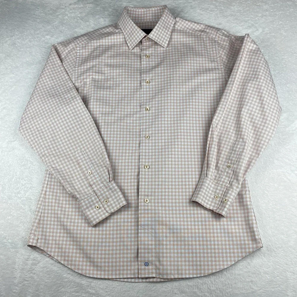 David Donahue Dress Shirt Mens 16.5-34/35 Orange/Blue Checks Trim Fit